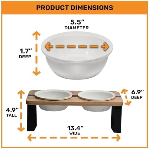 Elevated Cat Bowl Stand for Food and Water – Anti-Vomit Raised Feeding Station with Tilted Stand – Removable Round Ceramic Bowls, Anti Slip Bamboo Base, Dishes for Cats, Kitten, Small Dogs & Puppies