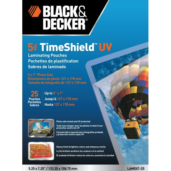 Black & Decker TimeShield Thermal Laminating Pouches - 5'' x 7'', 5 mil, Pkg of 25