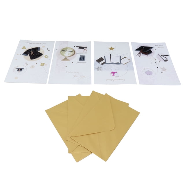 Conjunto de 4 tarjetas con sobres, postal perfecta para celebrar logros, toga y birrete, saludos de graduación