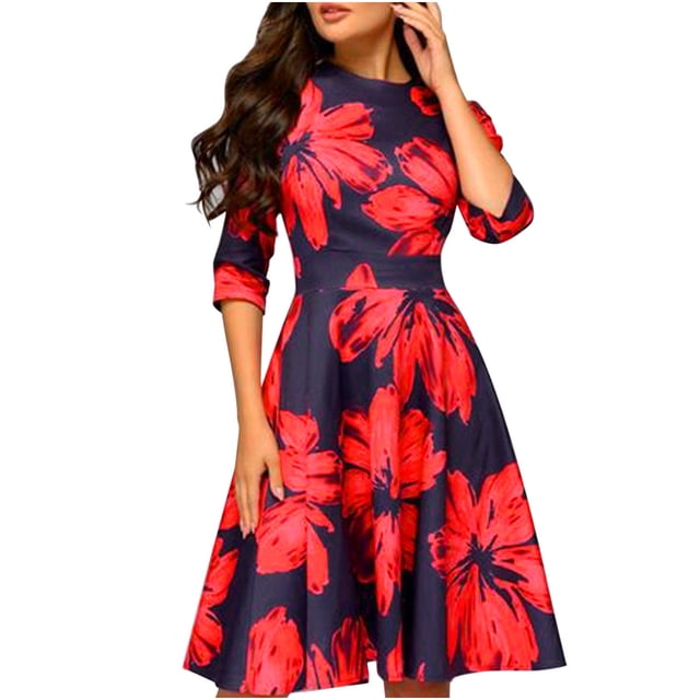 Fankiway Clair à Manches Longues Robes Robe de Femme une Ligne Parti Rétro Floral Trois-Quarts Robe Femmes Robes Grande Taille de Dégagement