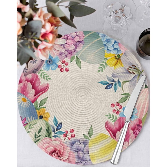 13 Inch Round Placemats Set of 6, Easter Flowers Non Slip Heat Insulation PP Table Mats, Eggs Spring Floral Rustic Vintage Washable Place Mats for Kitchen Dining Party Table Decor