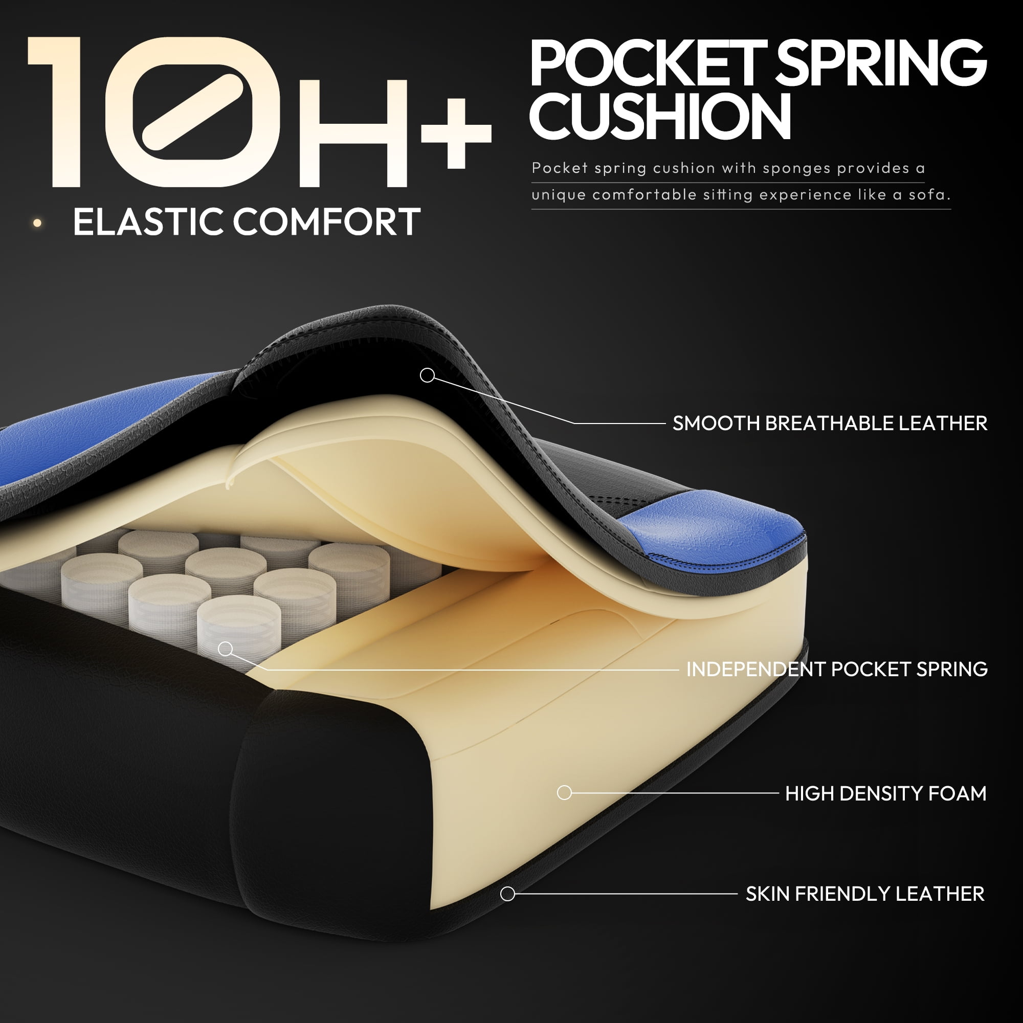 Dowinx Gaming Chair with Pocket Spring Cushion for Adults, Ergonomic Computer Chair with Footrest and Massage Lumbar Support for Office, Gaming, 300LBS, Blue