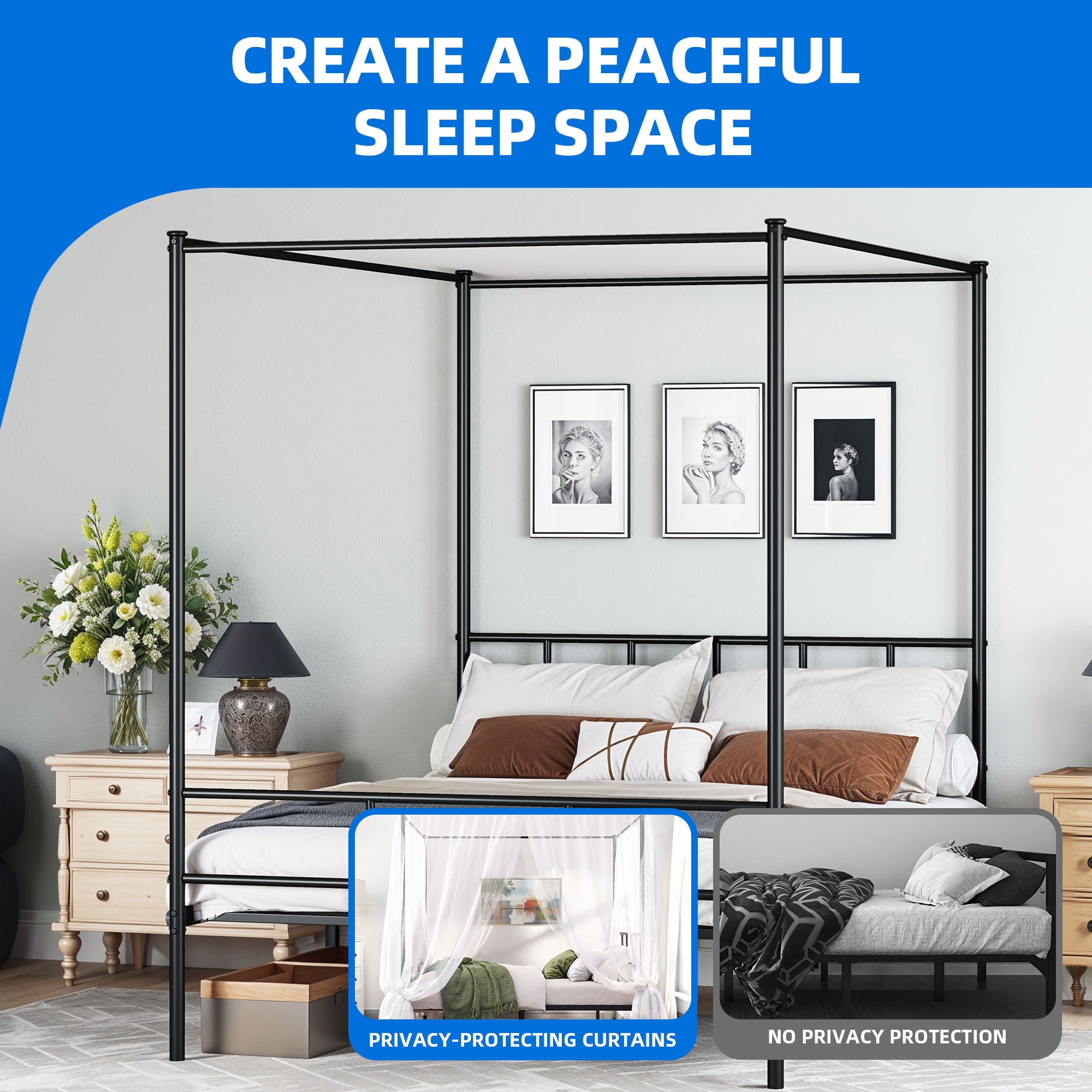 Uforic 4-Poster Queen Metal Canopy Bed Frame,Requires No Box Spring (Black)