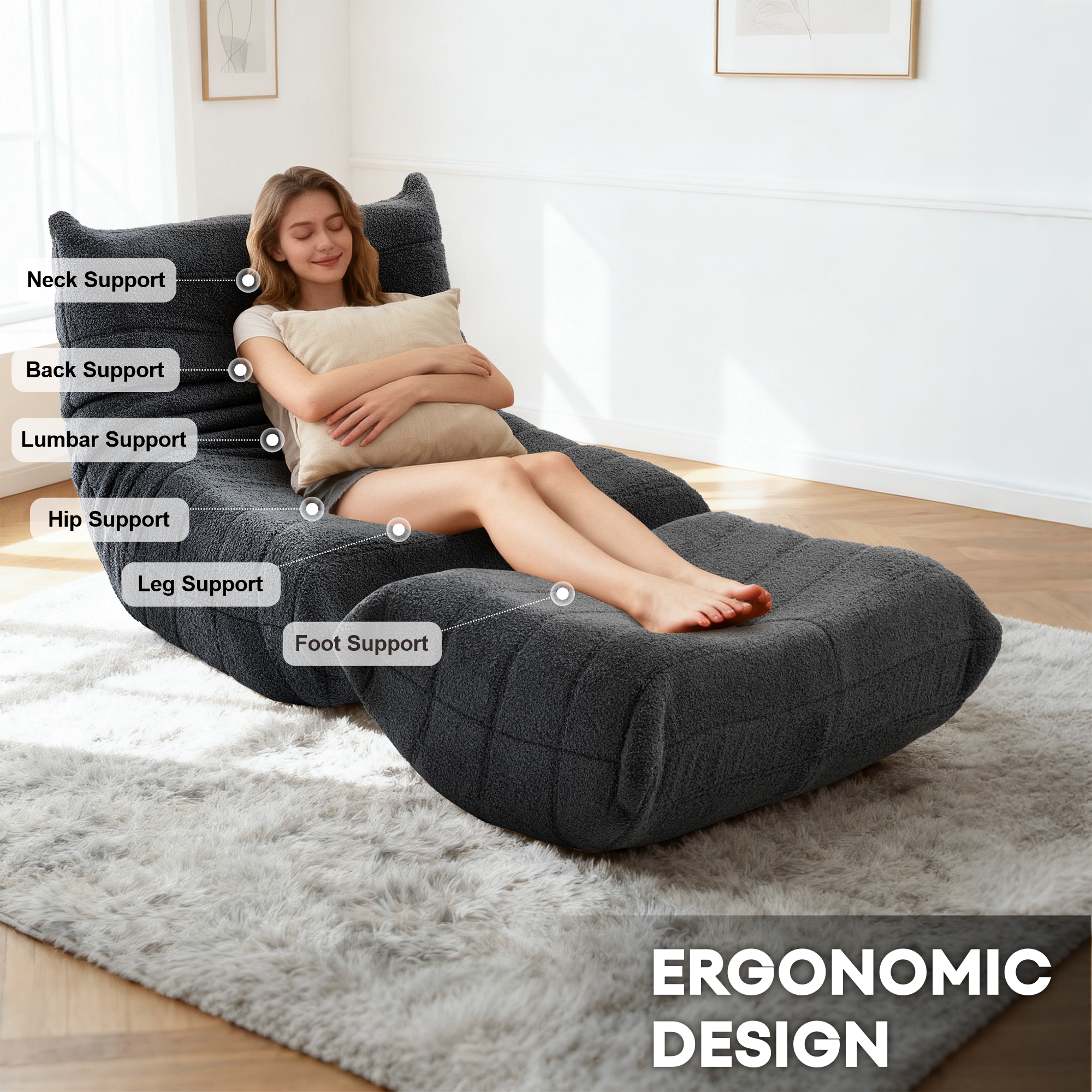 Evita Teddy Fabric Black Bean Bag Chair with Ottoman, Memory Foam Lounge Chair for Adults, Ergonomic Floor Seating Sofa for Living Room or Bedroom