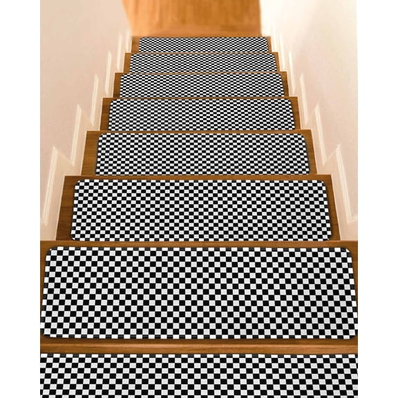Stair Treads for Wooden Steps, Black White Plaid Peel and Stick Stair Treads with Adhesive, Modern Buffalo Check Gingham Art Non Slip Indoor Stairs Runner Rugs Mats for Elders Dogs 8"x30"7PCS