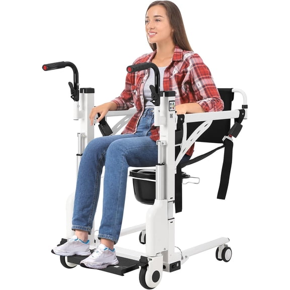 Hydraulic Patient Lift Transfer Chair for Home Use, Portable Bathroom Wheelchair with 180° Split Seat & Potty, Multifunctional Elderly Bedside Commode Mobility Aid
