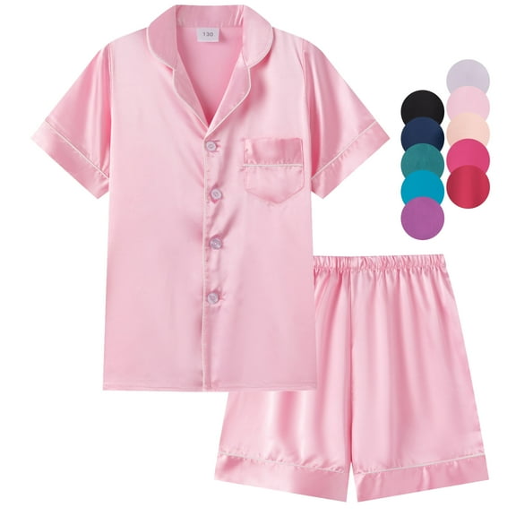 WIBACKER 5-12Y Girls Boys Pajamas Satin Pajama Set Silk Pjs Short Sleeve Sleepwear Kids Button-Down Nightwear