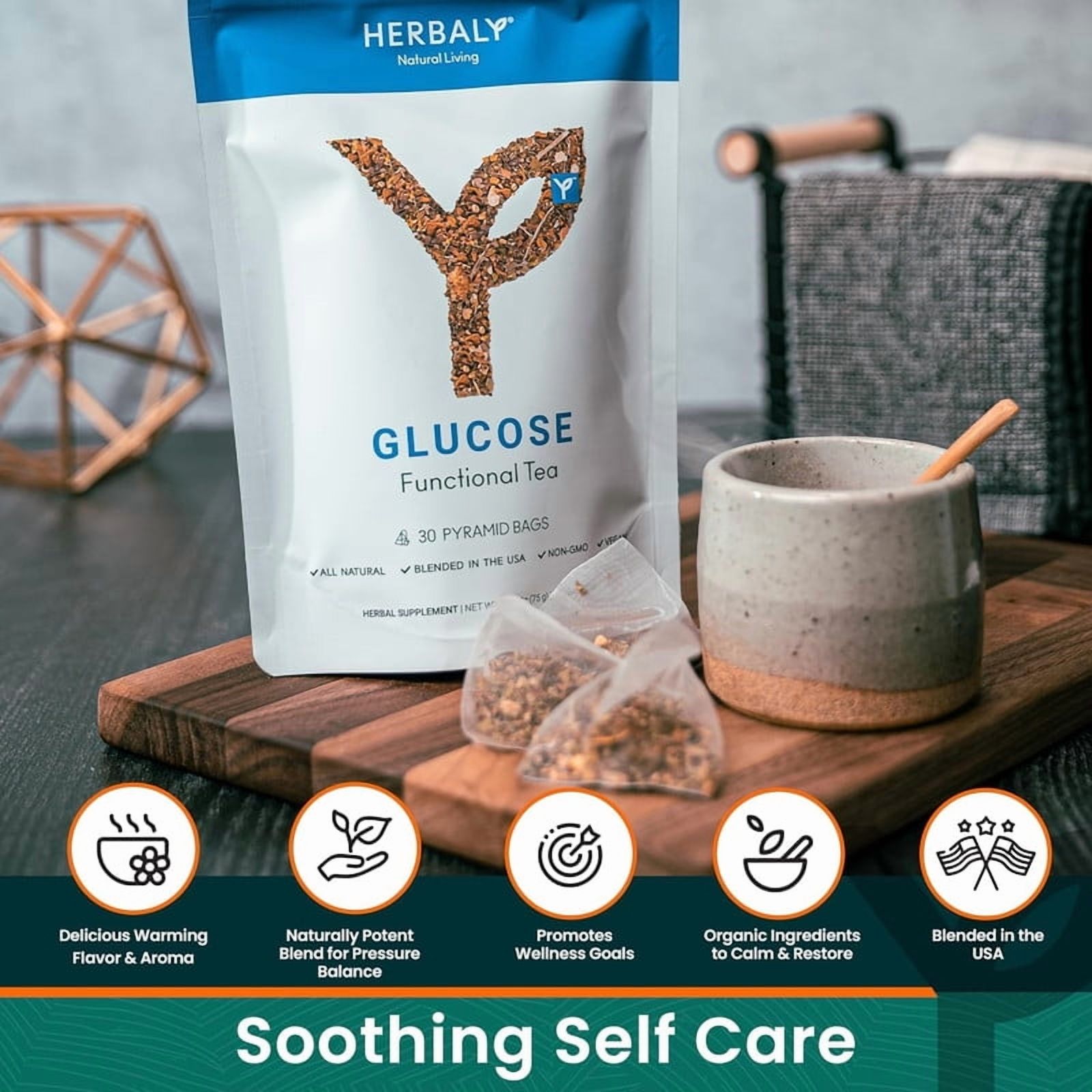 Herbaly Glucose Functional Tea - Vitality & Wellness - Gymnema Sylvestre, Ceylon Cinnamon, Bitter Melon, Dandelion Root, Fenugreek - Daily Teas - Organic Plant-Based Tea Bag Pyramids - 30 ct