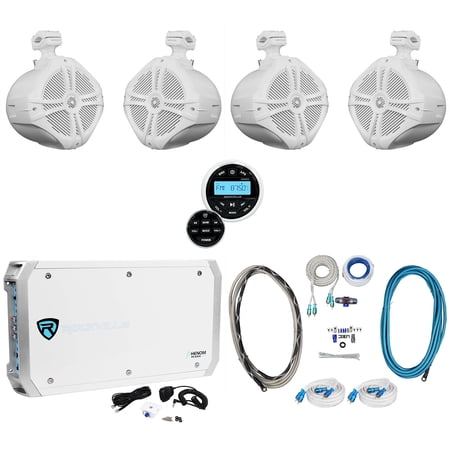 Rockville RGHR2 Marine Bluetooth Receiver+(4) 8 White Tower Speakers+6-Ch. Amp