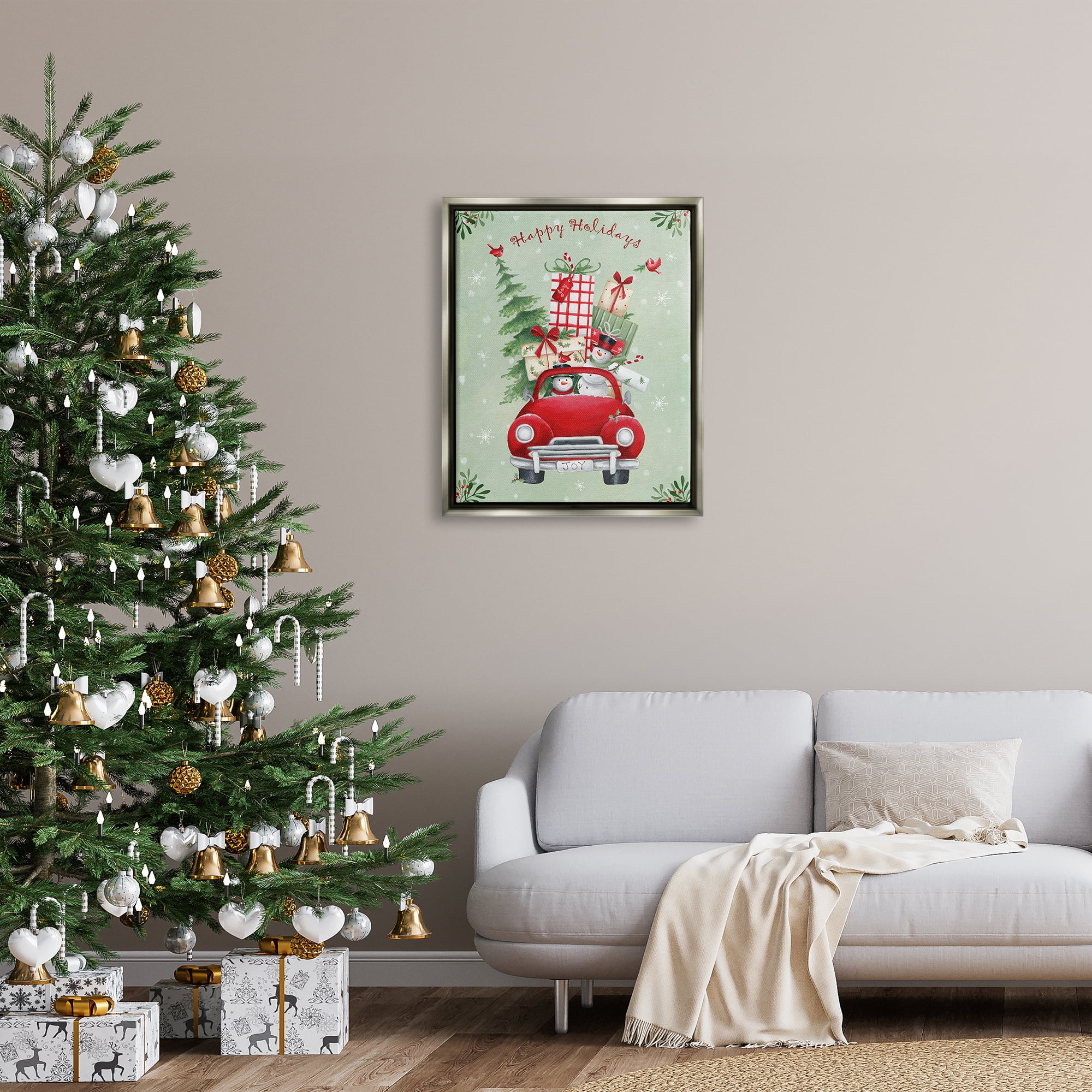 Stupell Industries Holiday Stacked Gift Car Holiday Painting Gray Floater Framed Canvas Art Print Wall Art, 25 x 31