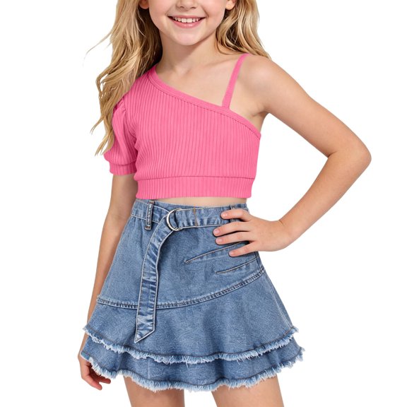 Cethrio Girls Cotton Outfit Sets Size 6, Sleeveless 2 Piece Fashion T-shirts and Denim Skirts Sets Hot Pink