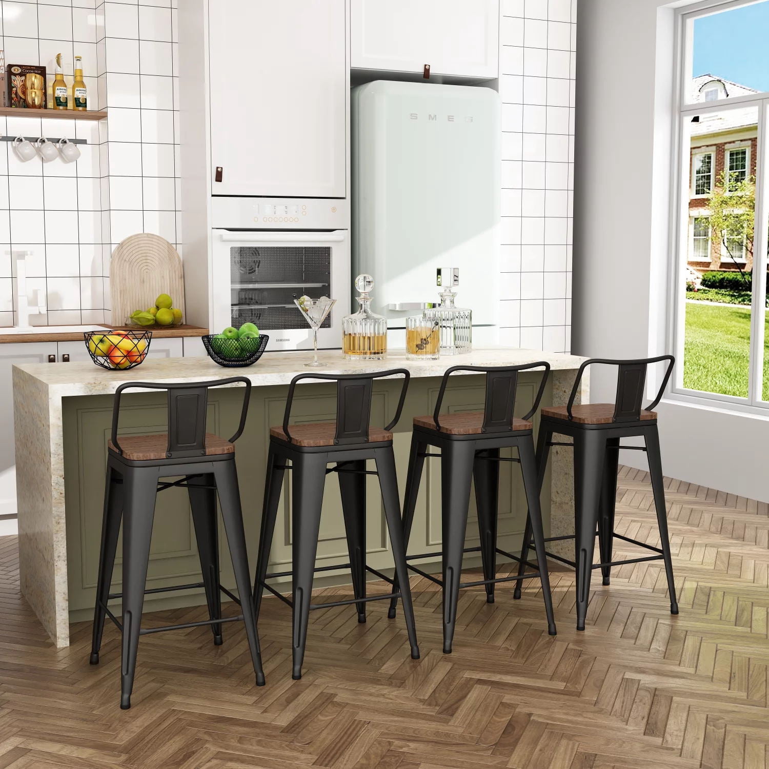 Andeworld 26" Metal Barstools Set of 4 Counter Height Bar Stools with Back (26" Seat Height, Wooden Top Low Back Matte Black)