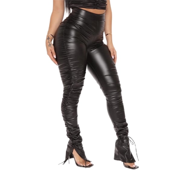 Women Stacked Faux Leather Leggings High Waist Pleated Split Hem Pants Black M