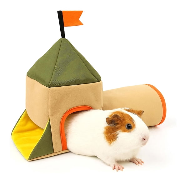Colenumone Guinea Pig Hideout and Toys, Castle Theme Small Pet Tunnel and Bed with Flag for Bunny Rabbit Ferret Hamster Chinchilla Hedgehog Hiding and Resting, 17.3in Long