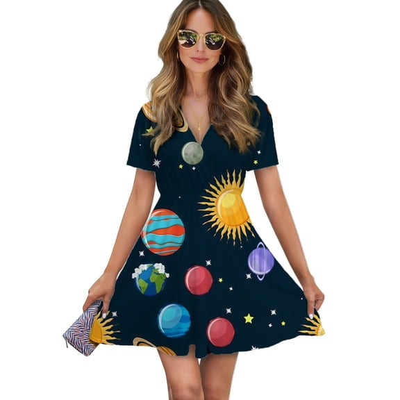 Planet Set Women Dress V-Neck Short Sleeve Flowy Swing Party Midi Dress