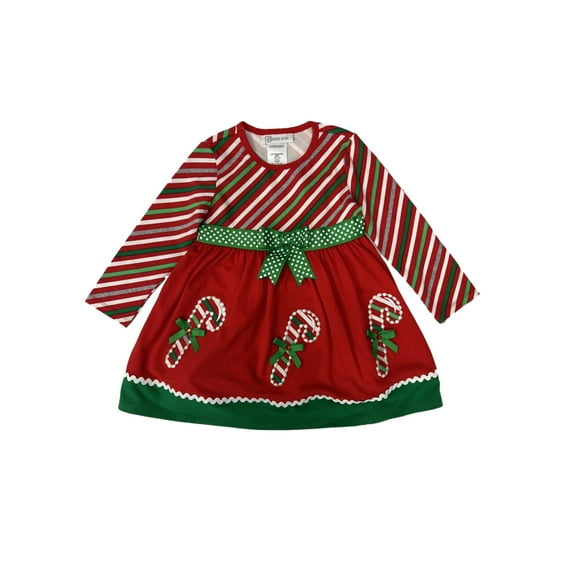 Infant& Toddler Girls Red & Green Long Sleeve Candy Cane Christmas Dress 12m