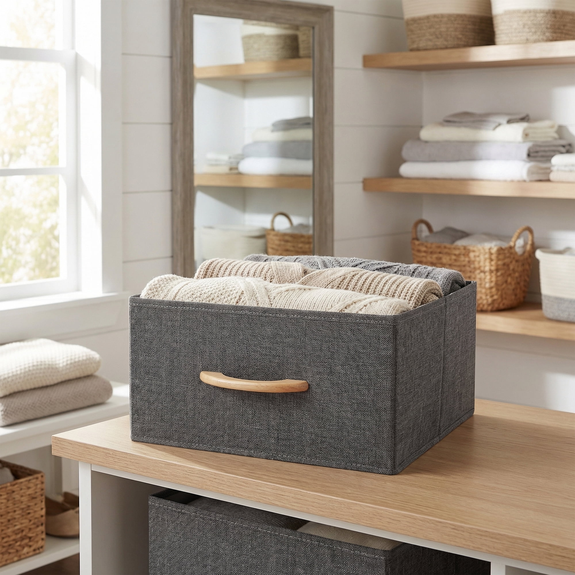 Unique Bargains 3pcs Storage Cube Fabric Storage Bin with Handles Grey 15.4*11.8*7.5in