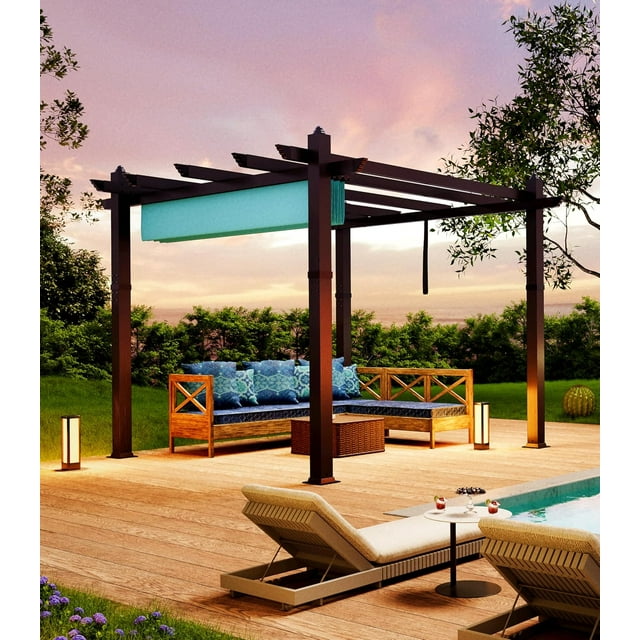 Pérgola de aluminio de 10x10 pies, pérgola exterior con toldo ajustable, marco reforzado para patio, jardín o terraza, color caqui