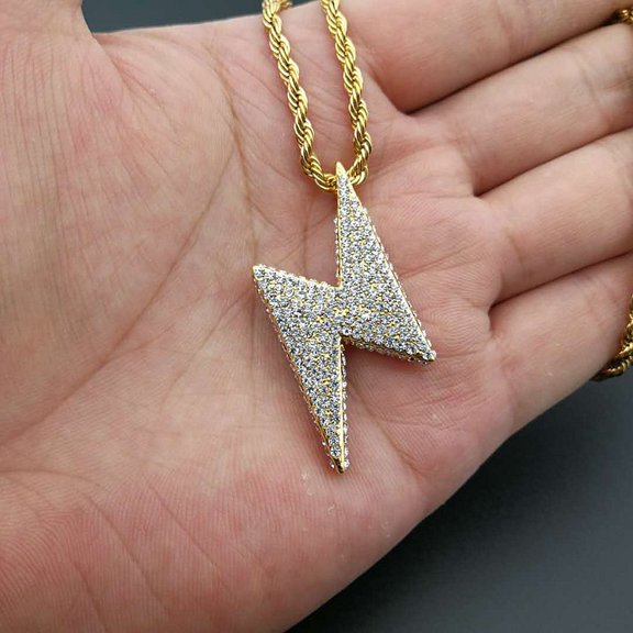Hip Hop Bling flash Lightning Pendants with full zircon 14K White Gold Jewelry for men Chain Necklace