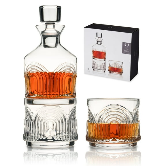 Viski Beau Stacking Liquor Decanter and Glasses Set, Whiskey Gifts Set of 3