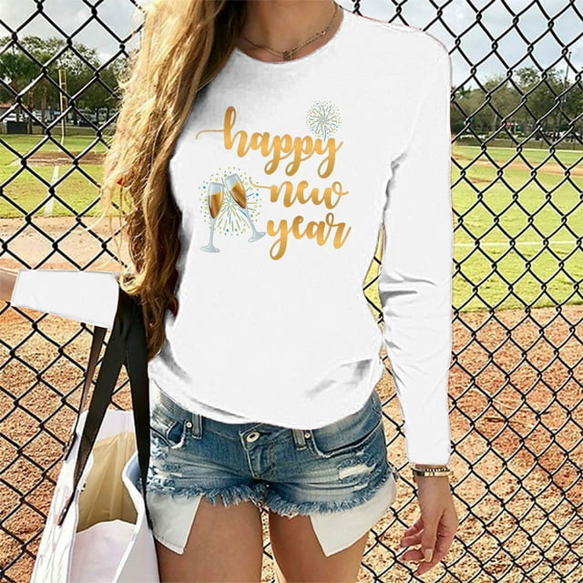 DPTALR T-shirt Imprimé Années Heureuses pour Femmes Manches Longues Blouse Décontractée