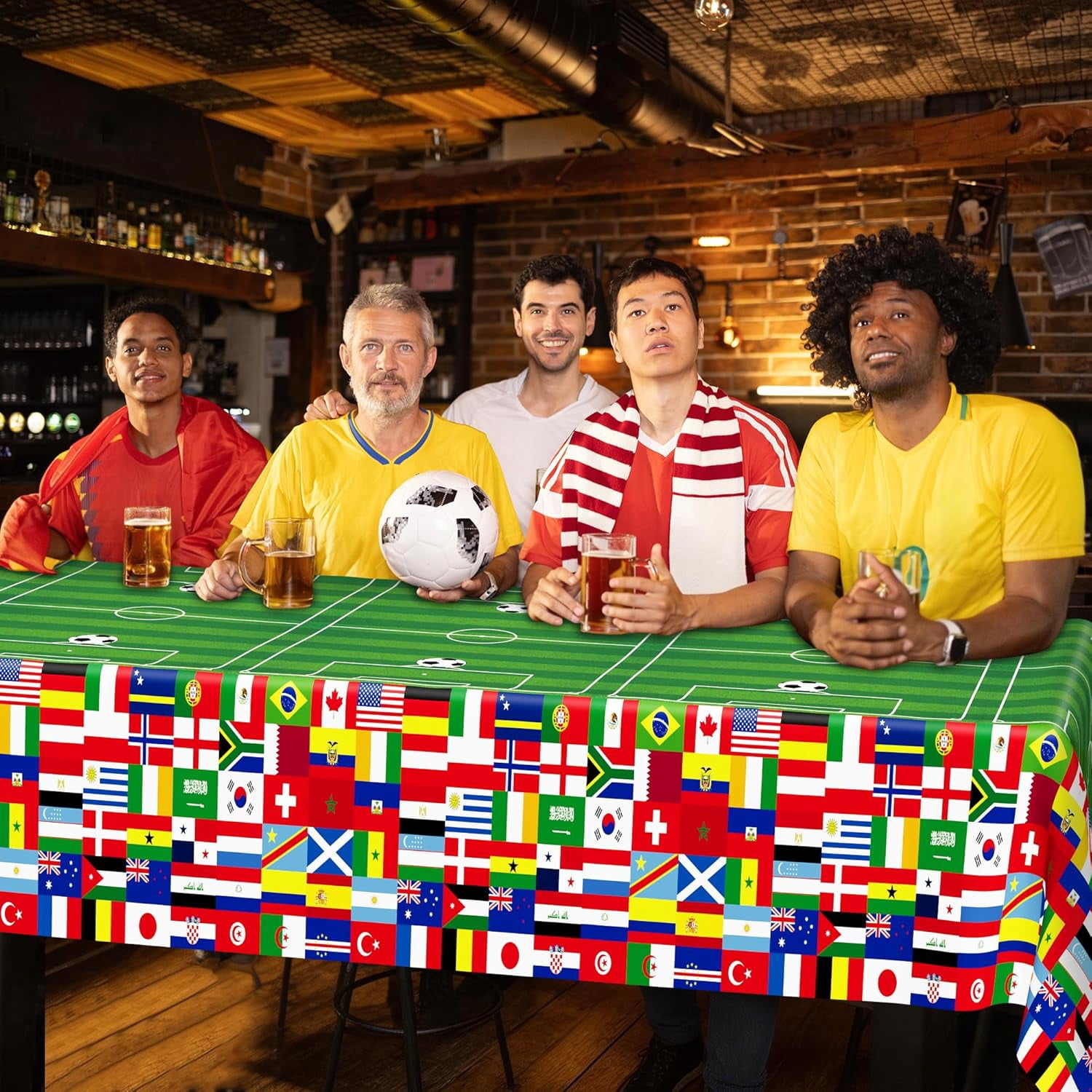 6 Pcs Soccer Tablecloths for Birthday Party Decorations 54 X 108 Inch, Disposable Plastic Table Cover, 2026 Around the World Flags Green Rectangle Tableware Set for Sports Theme Game Party Supplies