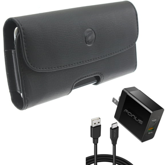 6ft Long Cable Fast Type-C 36W PD Home Charger with Holster Leather Case Belt Clip for Samsung Galaxy A72 5G A71 5G A70 A52 5G A42 5G A32 5G A21 A13 5G A12 5G A11 A03s A02s