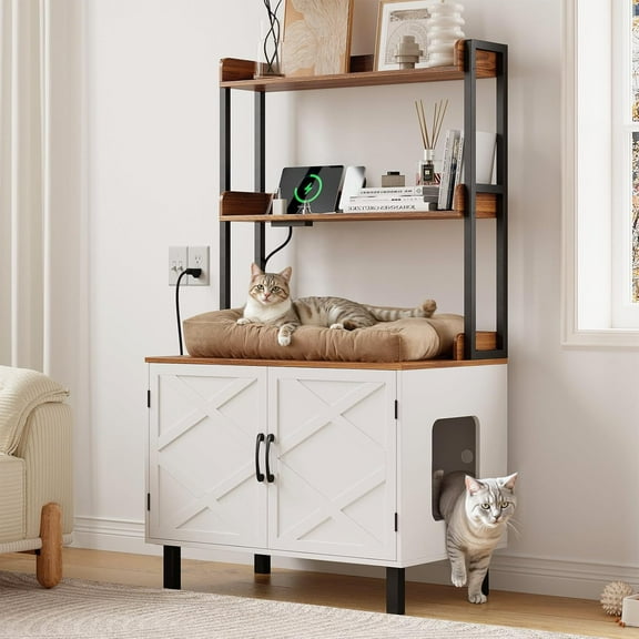 55 Inches Cat Litter Box Enclosure, Hidden Litter Box Furniture with 2 Storage Shelves and Charging Sockets, Wooden Cat House, Large Indoor Cabinet for Livingroom & Entryway, White