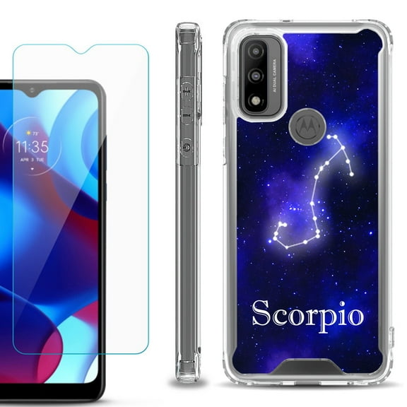 Shockproof Bumper Phone Case for Motorola Moto G Pure, with Tempered Glass Screen Protector, by OneToughShield ® - Zodiac / Scorpio
