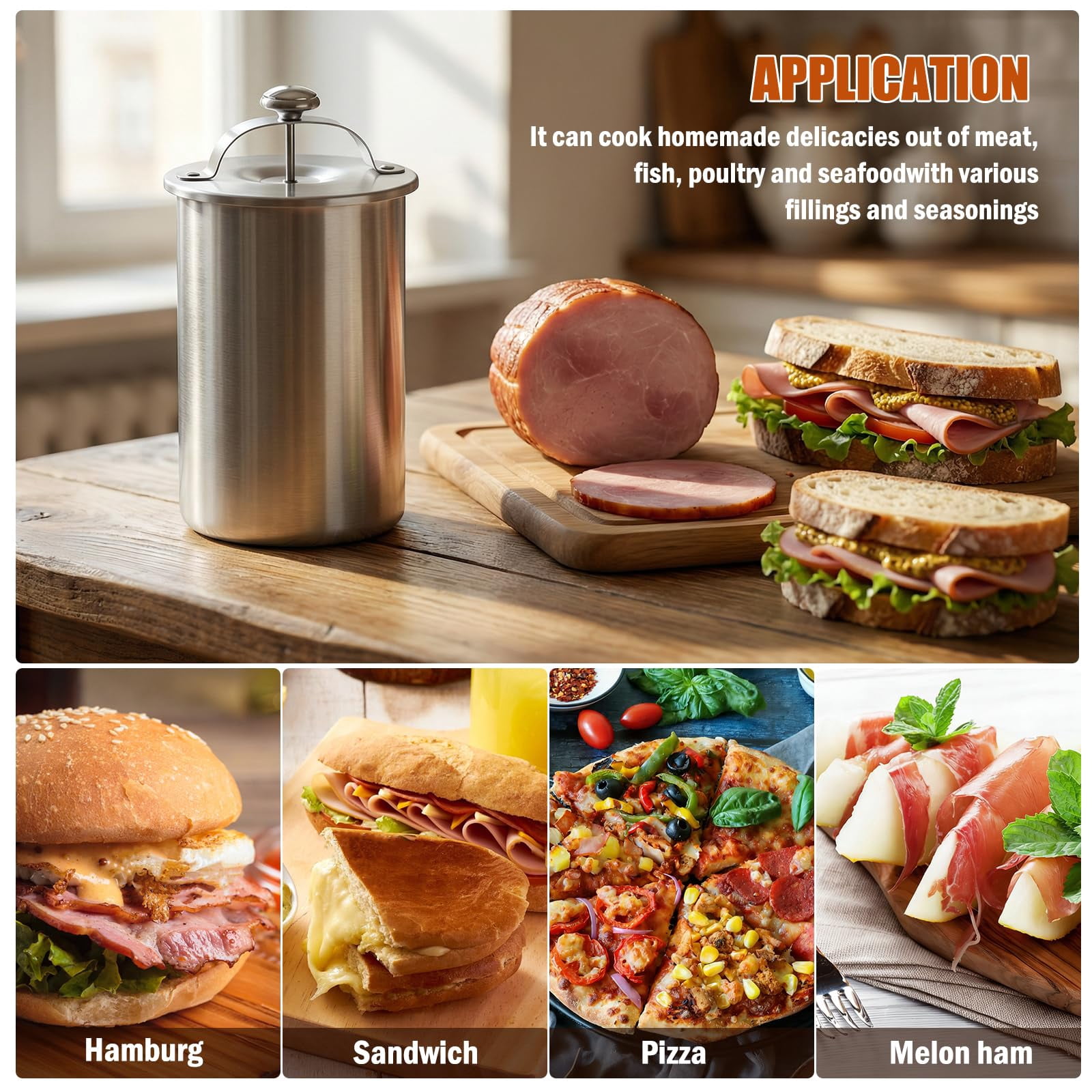 Lunch Meat Press, Ham Maker Meat Press, Stainless Steel Deli Meat Press for Making Healthy Homemade Deli Meat with Thermometer Ham Maker Sandwich Home Cooking Tool