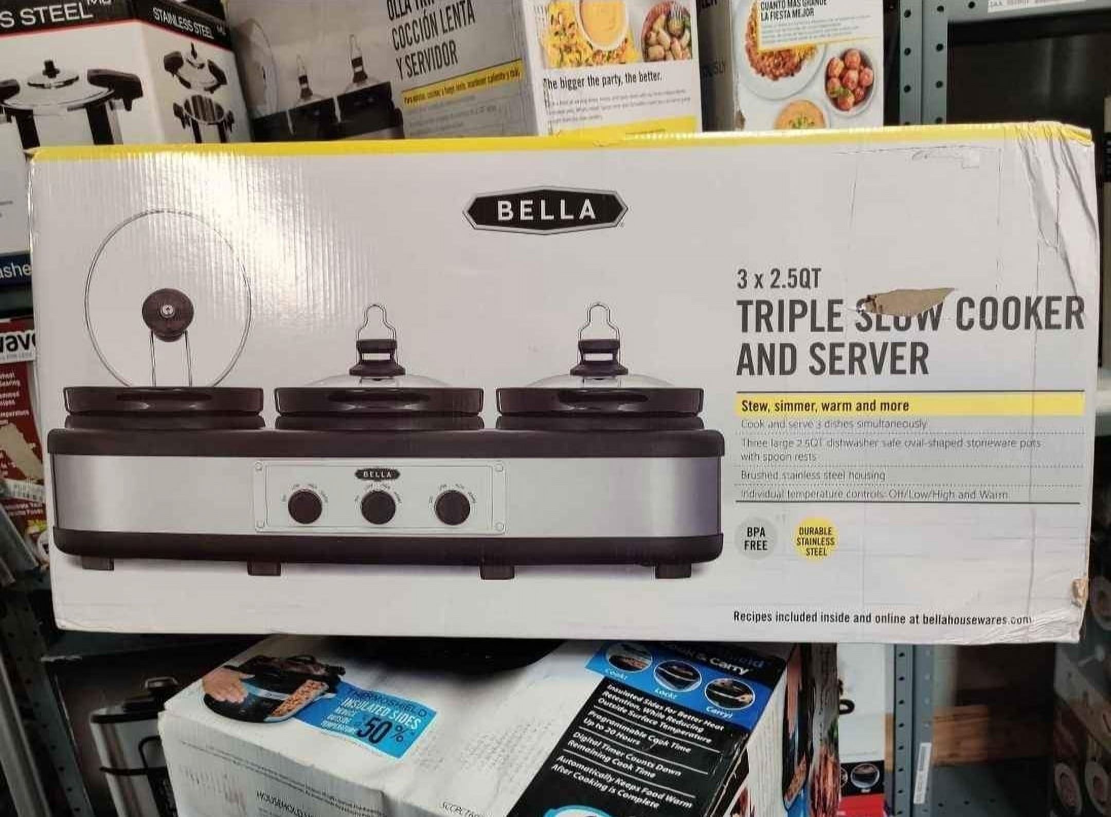 Bella 3x2.5 quart Triple Slow Cooker Stainless Steel/Black Boxes not in perfect condition - image 4 of 5
