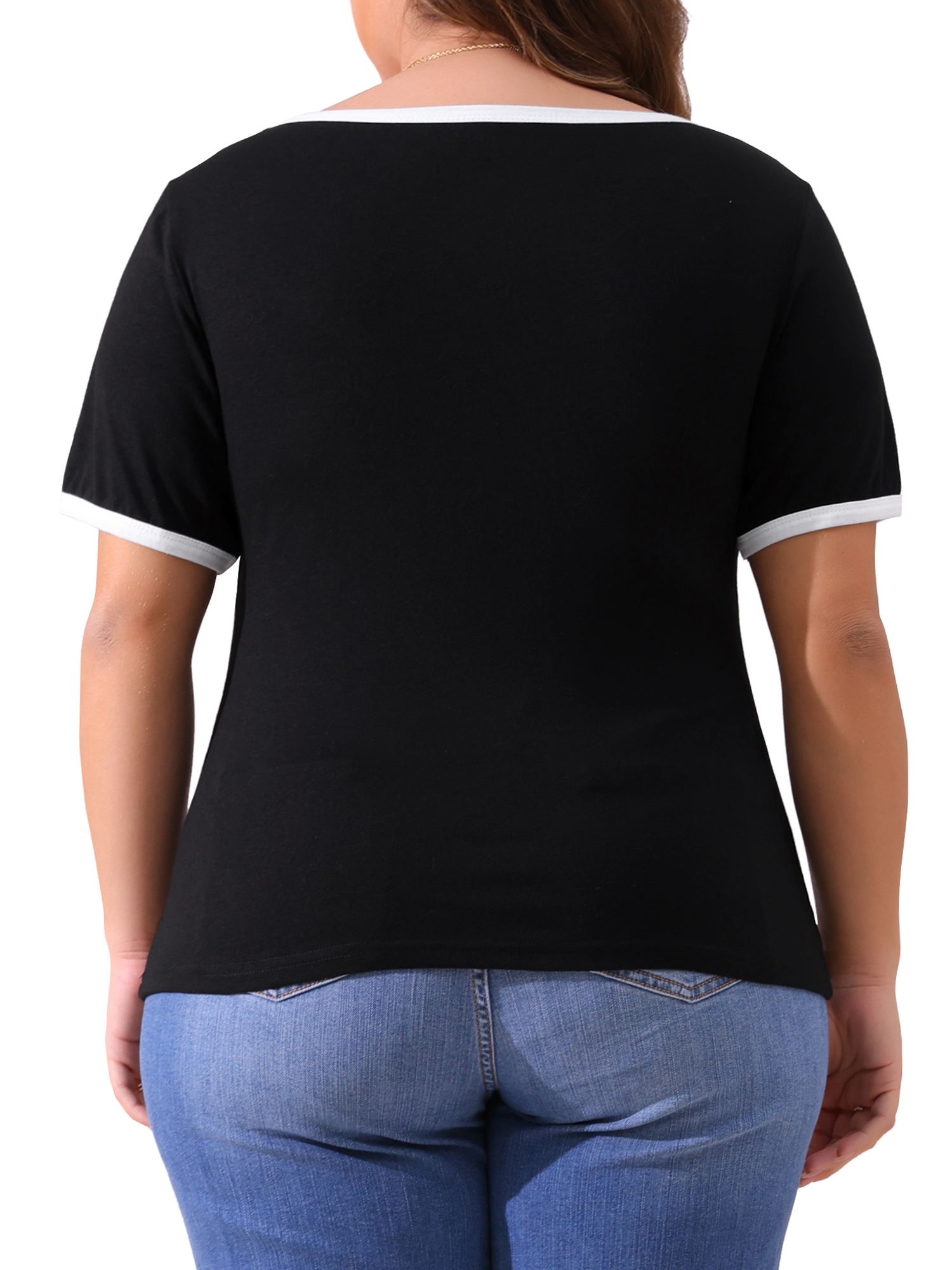 DARING DIVA Women's Plus Square Neck Ribbed Slim Fit Tee 2X Black