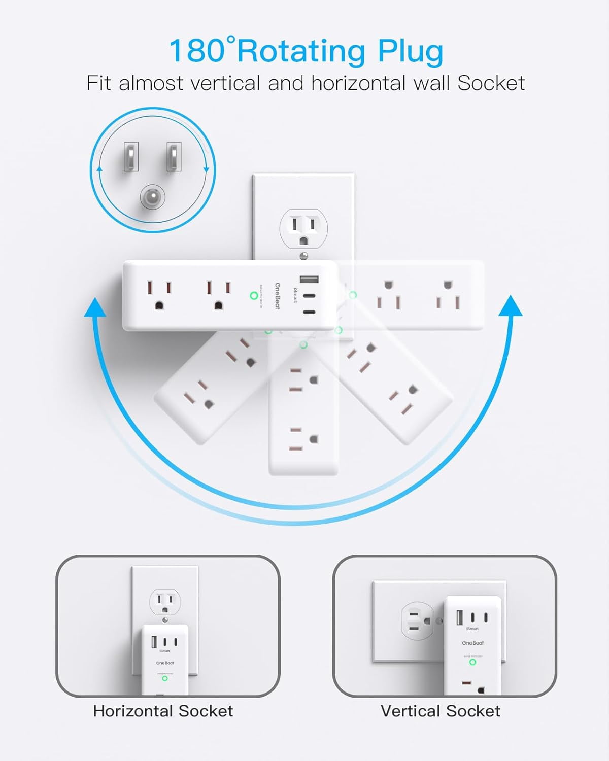Surge Protector Outlet Extender, 6 AC Outlets & 3 USB Ports(2 USB C), 1800J 3-Sided Rotating Swivel Plug, White for Home Office Dorm