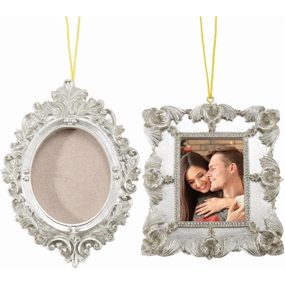 2Pcs 2 Styles Vintage Mini Picture Frames Set Resin Picture Frames Silver Tiny Small Table Top Jewelry Display Oval Rectangle Wall Hanging for Photography Party Hotel Home Holiday Decoration
