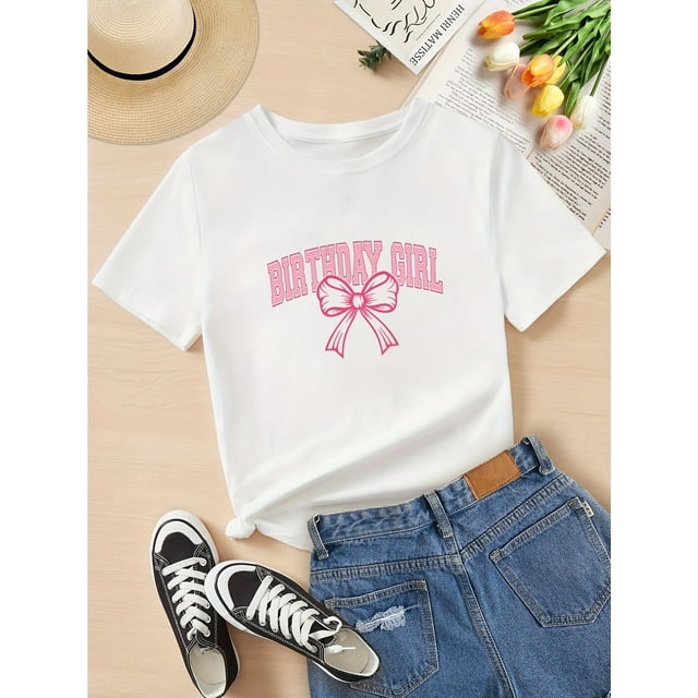T-shirt Graphique avec Nœud pour Filles - Col Rond Manches Courtes Doux et Extensible, Design Rose et Blanc, Vêtements Décontractés pour Jeunes de 8 à 14 Ans, Tenue Quotidienne pour Jeunes / Anniversaire