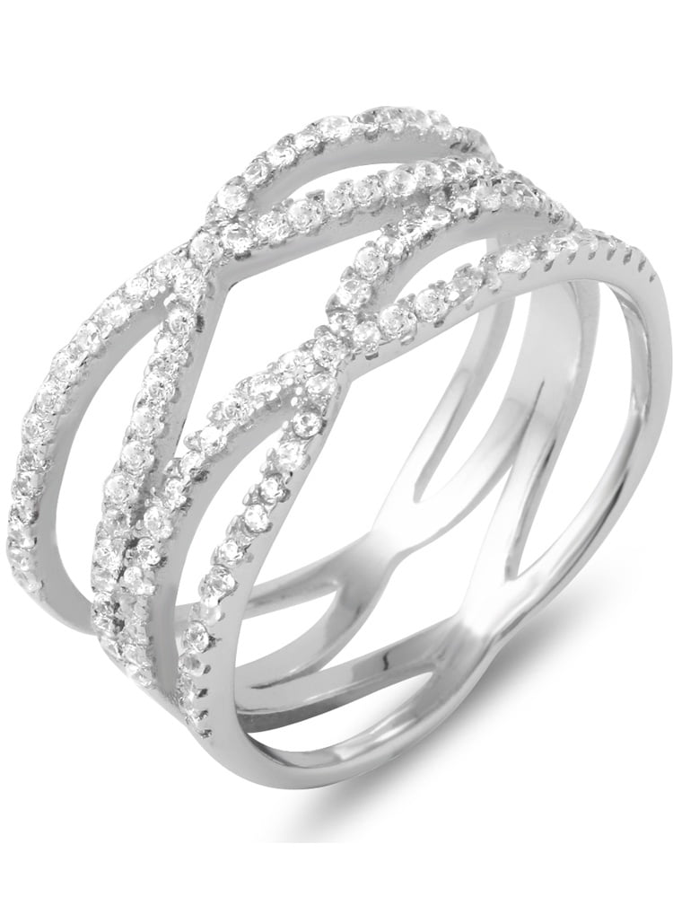 Round Clear Cubic Zirconia Double X Ring Rhodium Plated Sterling Silver Size 5