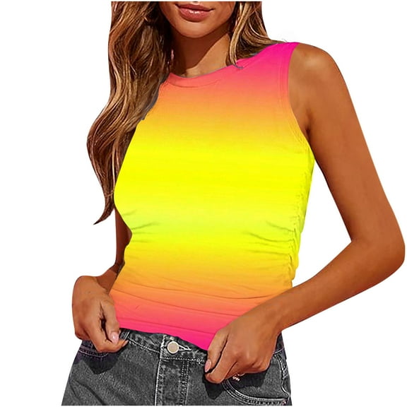 fatyb Womens Ruched Tank Tops Slim Crewneck Sleeveless Shirts Fashion Printed Going out Blouses