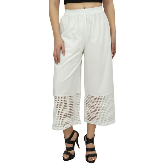 Bimba Women's Cotton Culottes Designer White Palazzo Pants Elastic Waist-S