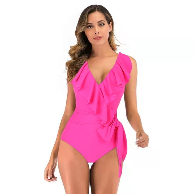 Women's Bikini Swimsuit Ruffles Two Pieces Bikini Set, Rose Red M