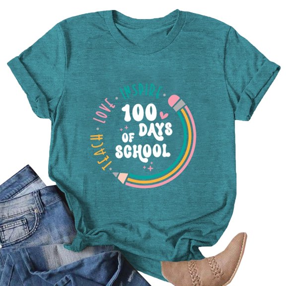 WEIWEN 100th Days of School Shirts for Women Teacher Tees Funny Celebration Teaching Life Short Sleeve Tshirts Womens Tops Fashion Outfits Blue, XXL