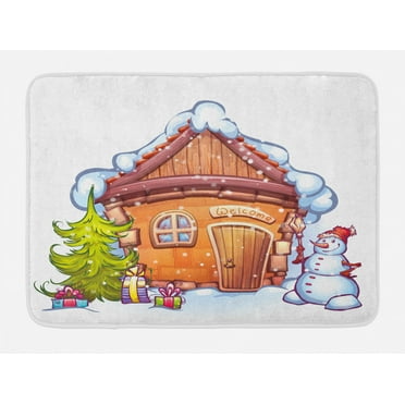 Christmas Bath Mat, Cartoon Style Cute House with Snowy Roof Snowman and Fir Tree Presents, Non-Slip Plush Mat Bathroom Kitchen Laundry Room Decor, 29.5 X 17.5 Inches, Caramel Green White, Ambesonne