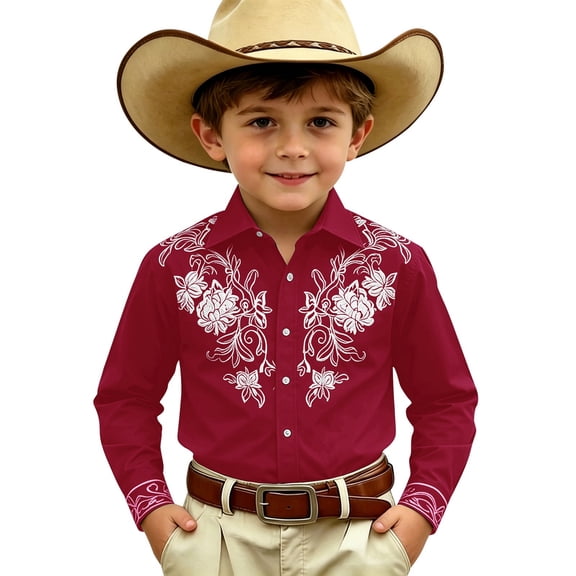 Hiijoy Boys Western Cowboy Long Sleeve Shirt Lightweight Button Down Shirt, Sizes 4-5