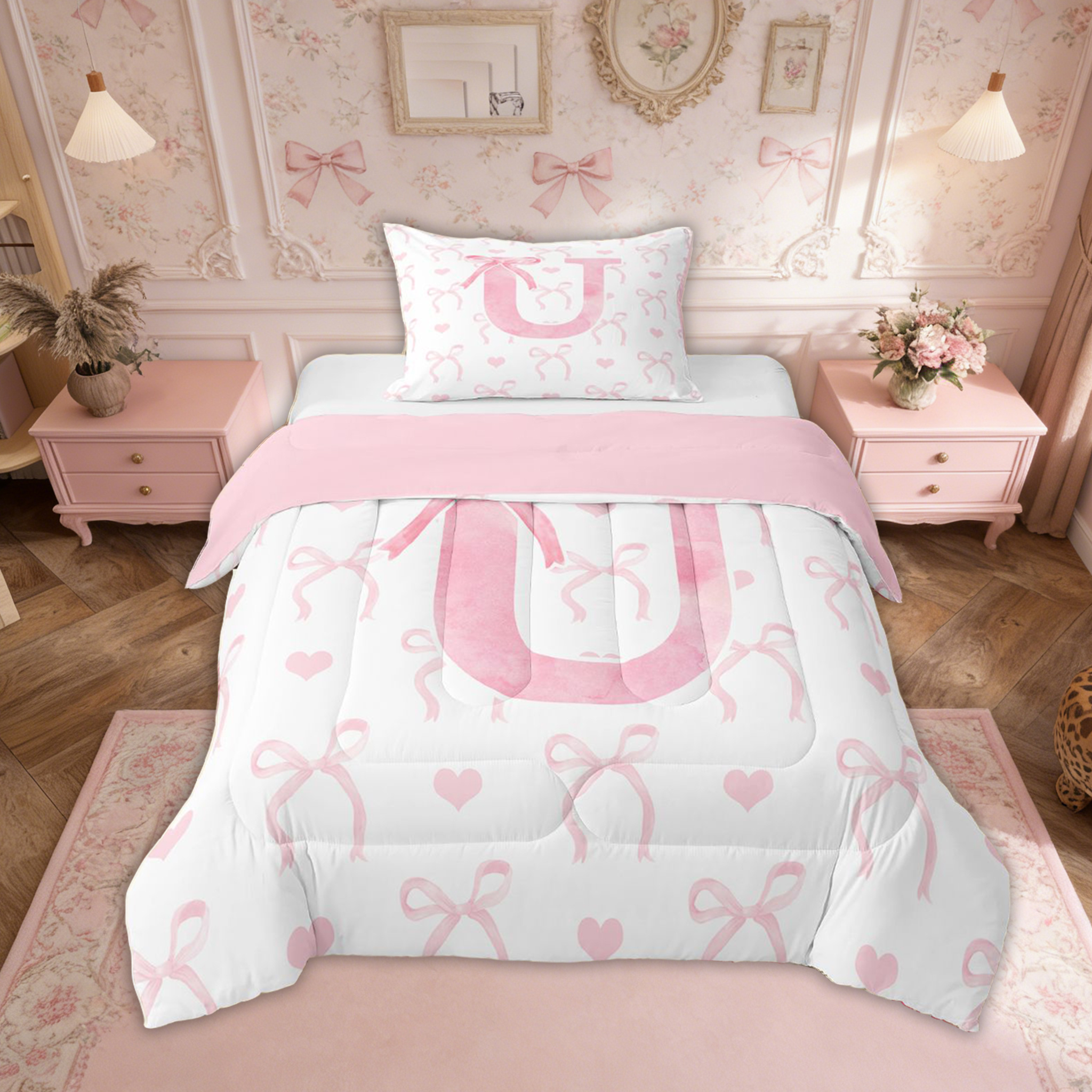Erosebridal Initial Letter U Bedding Twin Comforter Set, Dreamy Bow Love Down Comforter, Girly Romantic Decor, Reversible