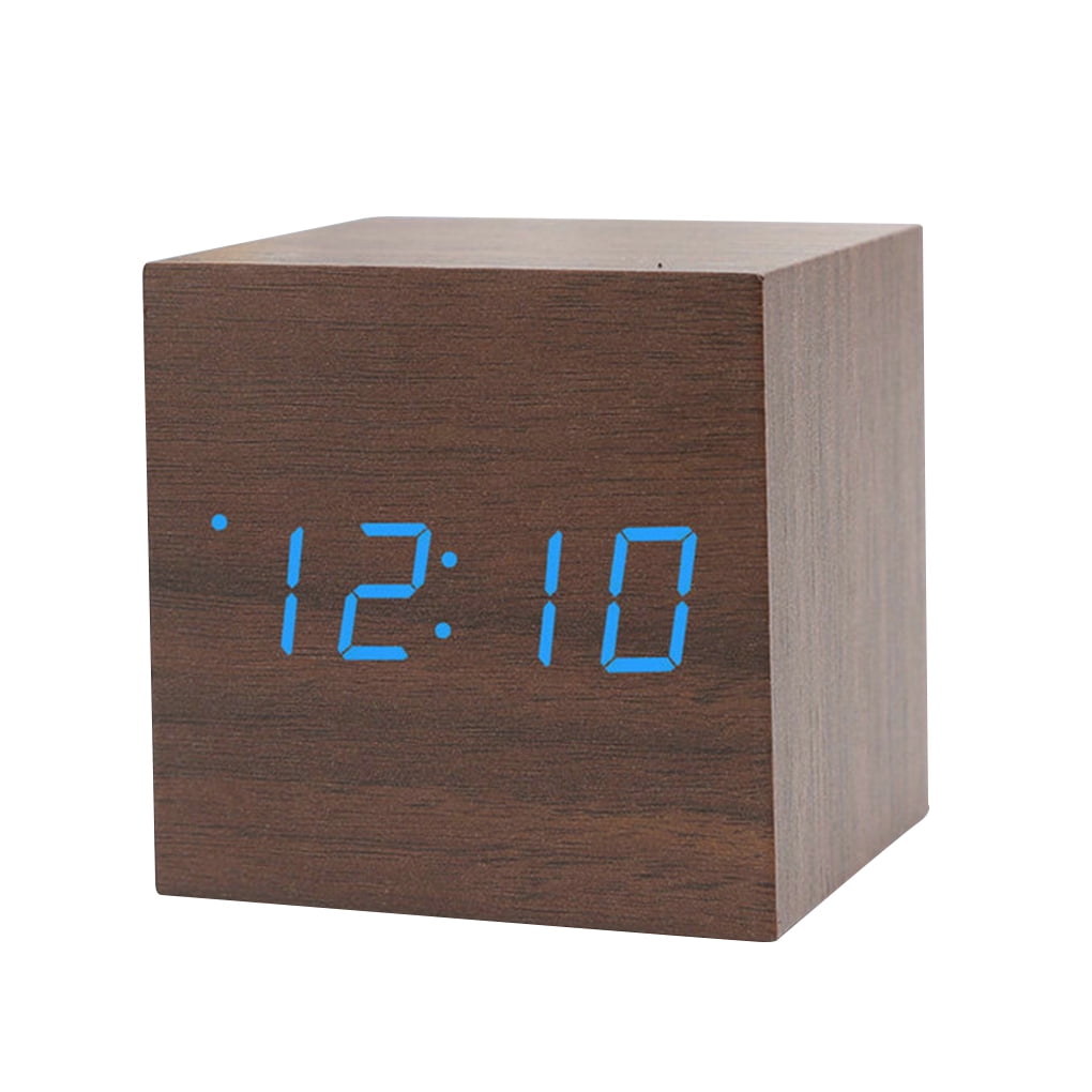 Sound Control Wooden USB/AA LED Digital Alarm Desk Clock Calendar Thermometer 