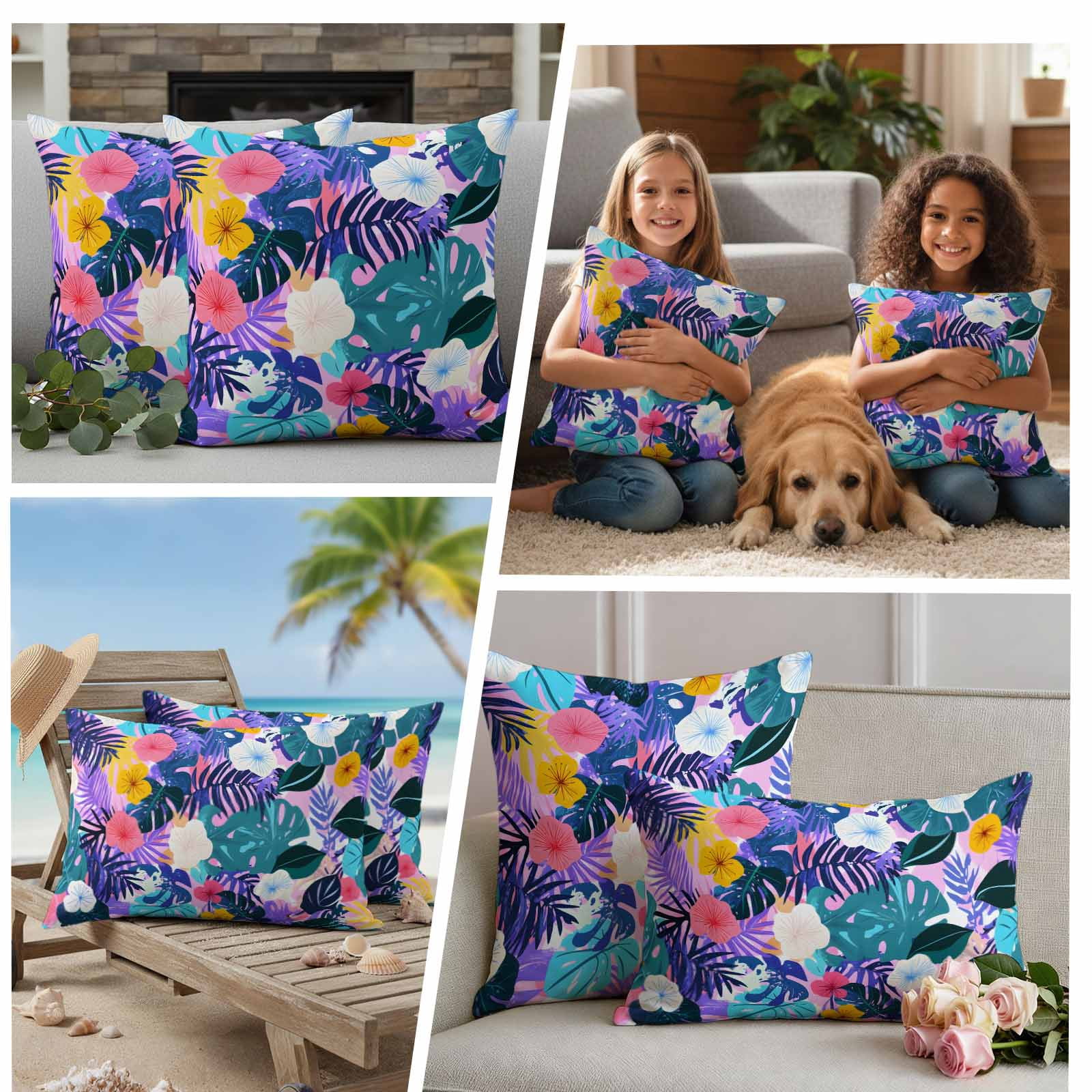 Tropical Leaf Outdoor Waterproof Pillow Covers, Purple Palm Plant Summer Flower Pastoral Decorative Square Throw Pillowcase Sofa Cushion Sham for Patio/Couch/Chair, 18"x18" 2 Pack
