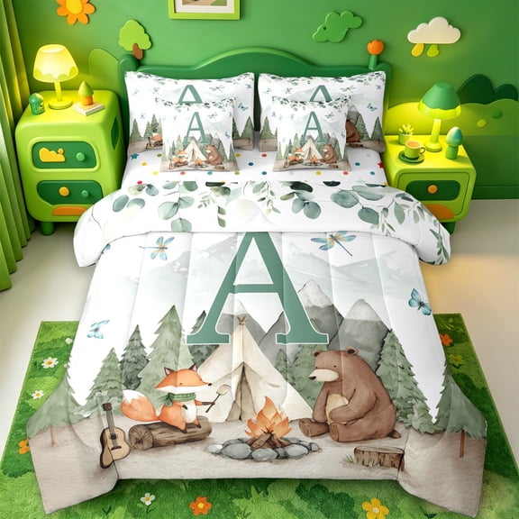 Catabedysis Boys Camper 7-Piece Twin Bedding For Boys,Green A Alphabet Bedding Comforter Set For Camping Lovers,Polkadot Reversible