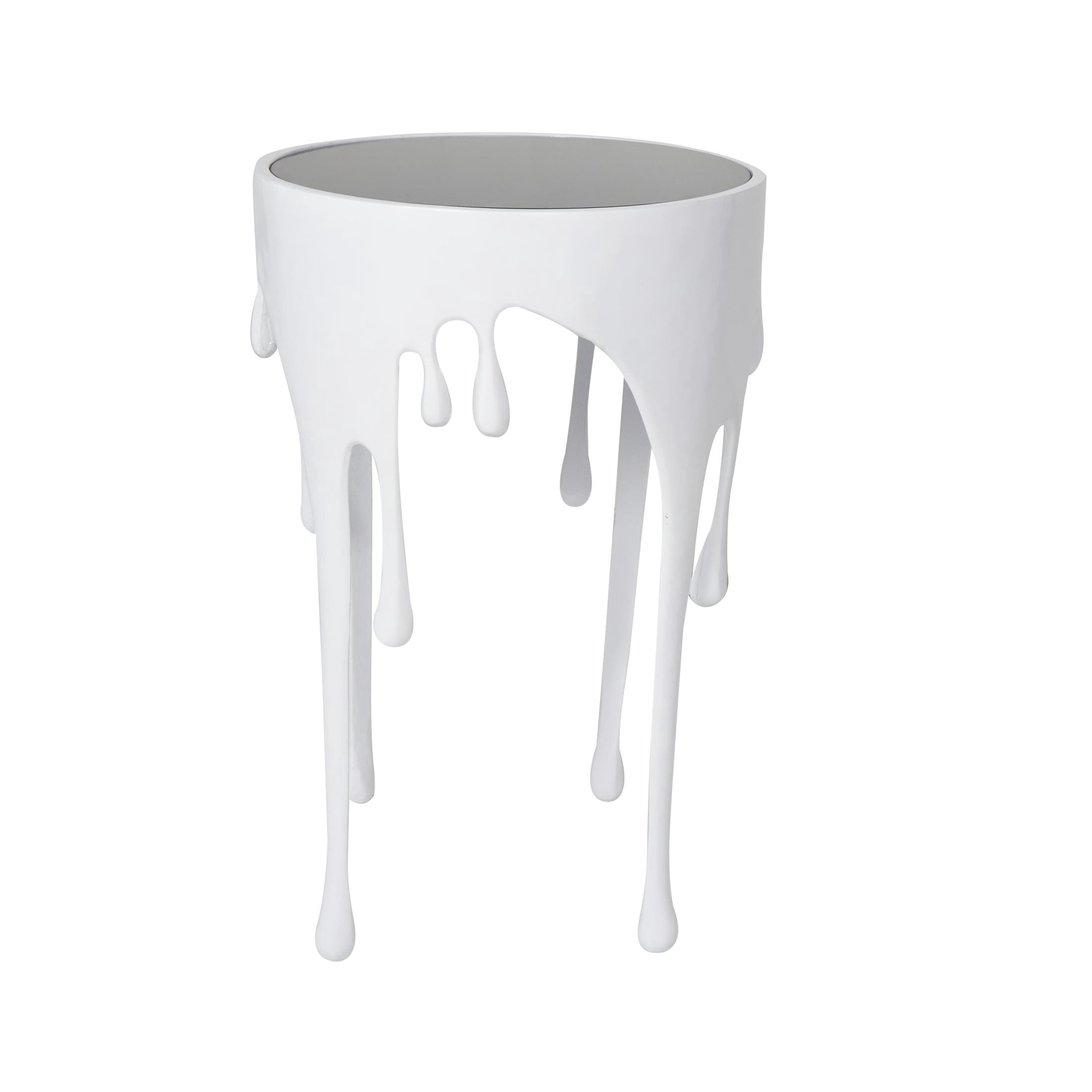 DecMode 16" x 25" White Aluminum Metal Drip Abstract Accent Table with Melting Designed Legs and Black Glass Top, 1-Piece