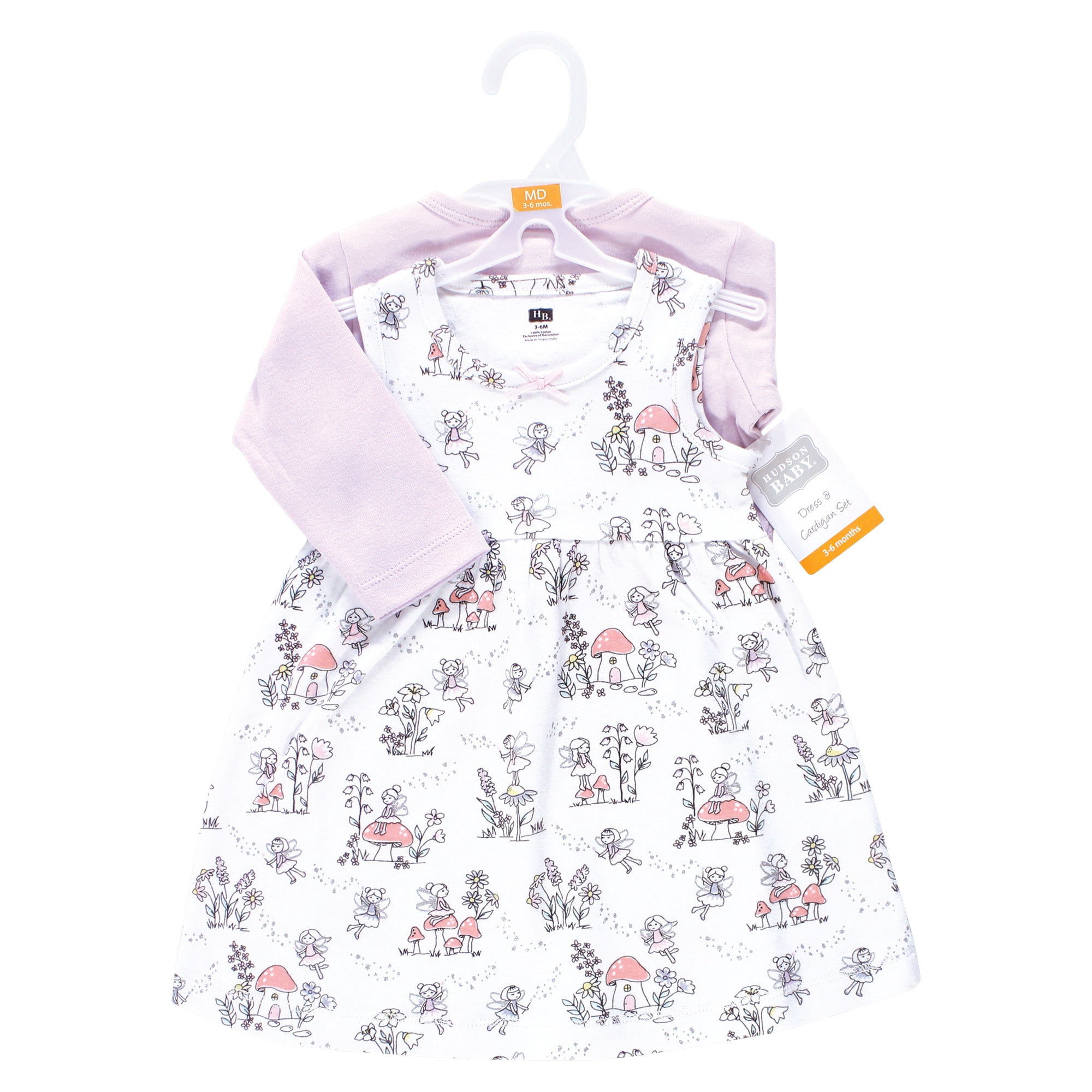 Hudson Baby Infant and Toddler Girls Cotton Dress and Cardigan Set, Garden Fairies, 6-9 Months