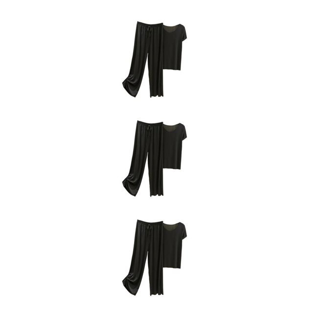 Minnieouse Conjunto de pijama de satén de seda helada para mujer, camiseta con cuello en V, pantalones sueltos, ropa de verano, piezas, estilo Type1 NO1