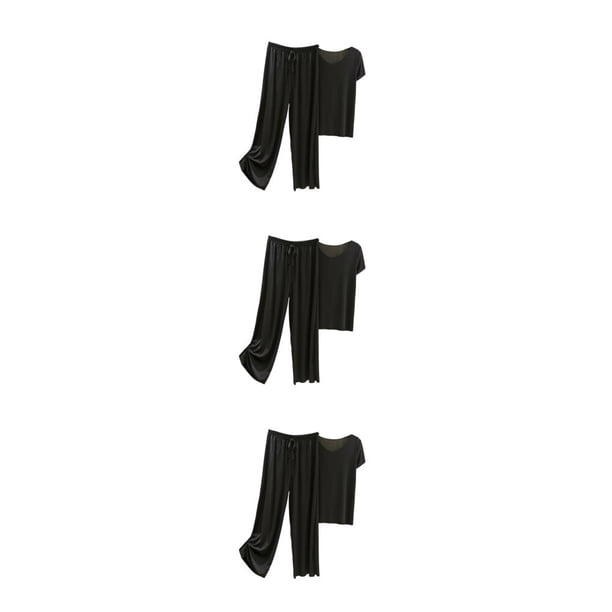 Minnieouse Conjunto de pijama de satén de seda helada para mujer, camiseta con cuello en V, pantalones sueltos, ropa de verano, piezas, estilo Type1 NO1